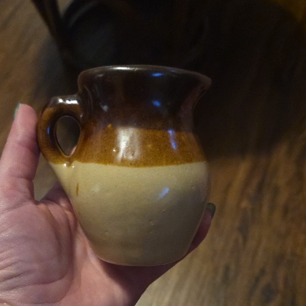 Vintage Brown Stoneware Candle. Two-Tone Ceramic Mini Pitcher